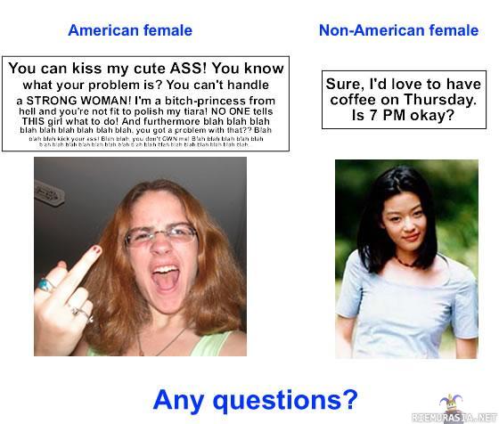 Amerikkalainen vs. ei-Amerikkalainen nainen - Kysyttävää?