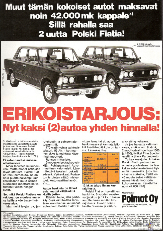 Nyt kaksi (2) autoa yhden hinnalla - Polski Fiatin mainos vuodelta -77