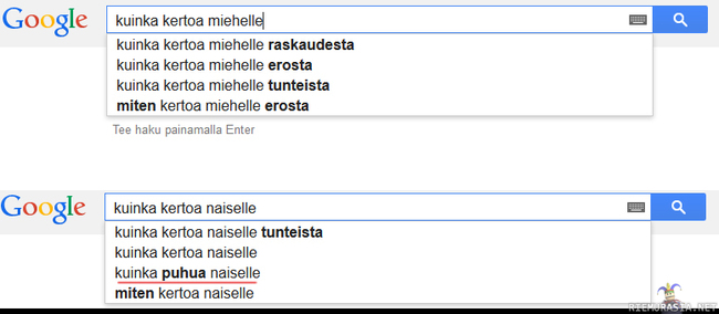 Miesten ja naisten erot - suomi edition - Googlen hakuehdotuksia miehille ja naisille