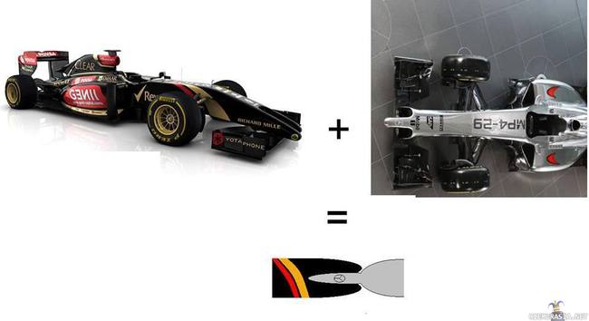 2014 Formula 1 cars by Lotus and McLaren - Kauden 2014 F1-autot: Lotus E22 ja Mclaren MP4-29.

Sääntömuutosten vuoksi on auton nokan oltava selvästi edellisvuotista alempana, joten tallit ovat etsineet esteettisesti arveluttavia keinoja ohjatakseen mahdollisimman paljon ilmaa auton alle matalasta nokasta huolimatta.

Kuva paintlisäyksen kera on peräisin Facebook-käyttäjä Emo Ilieviltä, joten kunnia hänelle kilpa-autoyhdyntämielikuvasta.