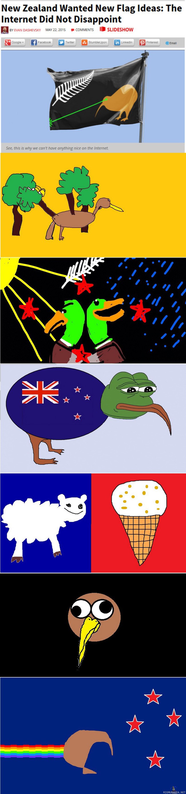 Uusi-Seelanti haluaa uuden lipun - Uusi-Seelanti valmistautuu kaksivaiheiseen kansanäänestykseen, jonka tarkoituksena on päättää, pitäisikö maan lippu vaihtaa toisenlaiseksi.

Maan hallitus ajaa muutosta, koska sen mielestä Uuden-Seelannin lippu sekoitetaan liian usein esimerkiksi Australiaan. 
 Ehdotuksia voi jättää hallituksen verkkosivulle heinäkuun puoliväliin saakka.

Mielenkiintoisia ehdotuksia on jo tullut, omasi voit jättää osoitteessa https://www.govt.nz/browse/engaging-with-government/the-nz-flag-your-chance-to-decide/