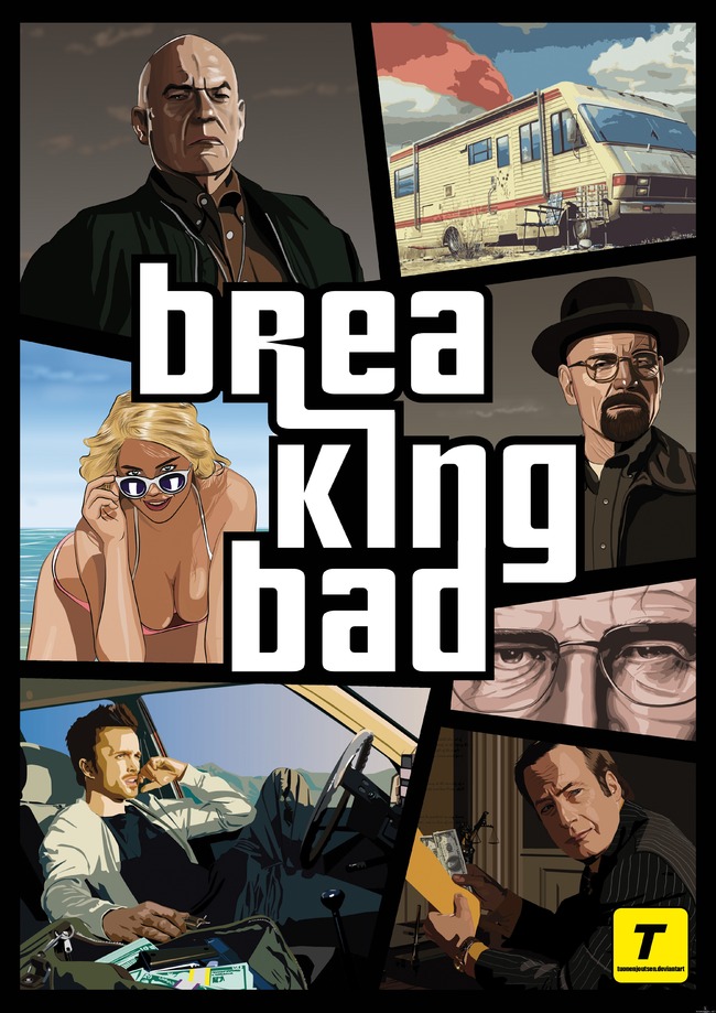 Breaking Bad/GTA juliste - Tein tälläisen. Linkki alkuperäiseen http://tuonenjoutsen.deviantart.com/art/Breaking-Bad-GTA-Poster-445272209