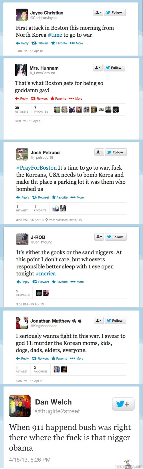 Twiittejä Bostonin räjähdyksestä - Jenkkien viisaimmat päästetty vapaaksi Twitterissä.