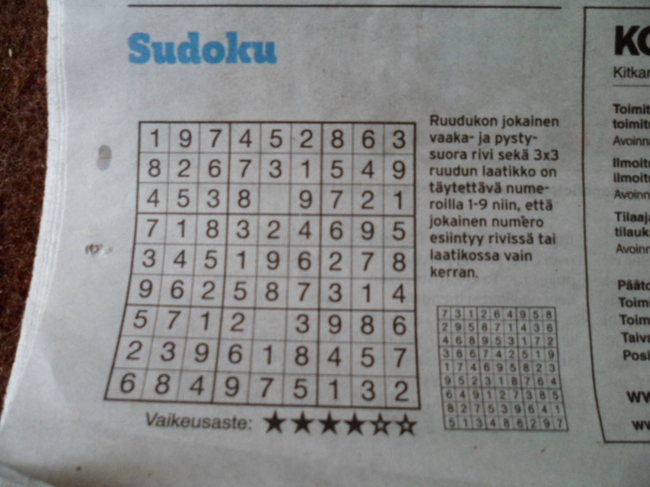 Sudoku - Koillismaan aluelehdessä julkaistu sudoku, vaikeusaste 4/6. Pidetäänkö meitä näin tolloina :D