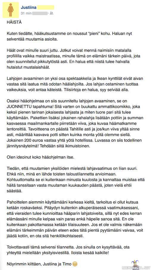 Jatkoa Justiinan hääkutsulle. - Justiina selventää häidensä pääsymaksun taustoja. Ensimmäinen postaus: https://www.riemurasia.net/kuva/Haalahjavaatimus/164744