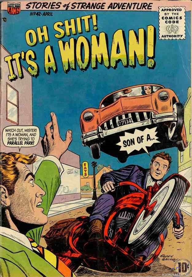 Nainen ratissa - Nainen yrittää taskuparkkeerausta. Nainen ratissa, auto ilman kuskia.
