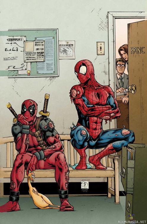Spider-Man ja Deadpool - Joutuivat rehtorin puhutteluun tappelemisen takia.