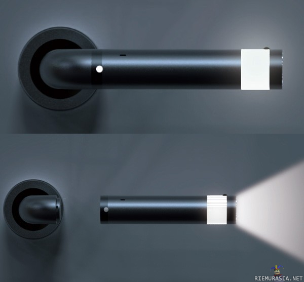 Keksintö - Pelkäätkö pimeää? Ei haittaa sillä tästä ovenkahvasta saat mukaasi taskulampun, jotta löydät jääkaapille.