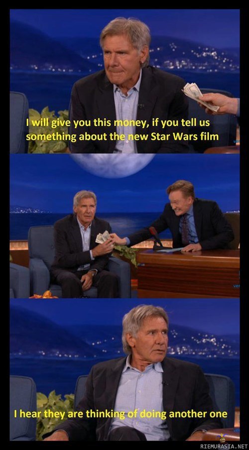 Spoilereita uudesta Star Warsista - Conan O&#039;Brien lahjoo Harrison Fordin tuhannella dollarilla paljastamaan jotain uudesta Star Warsista.