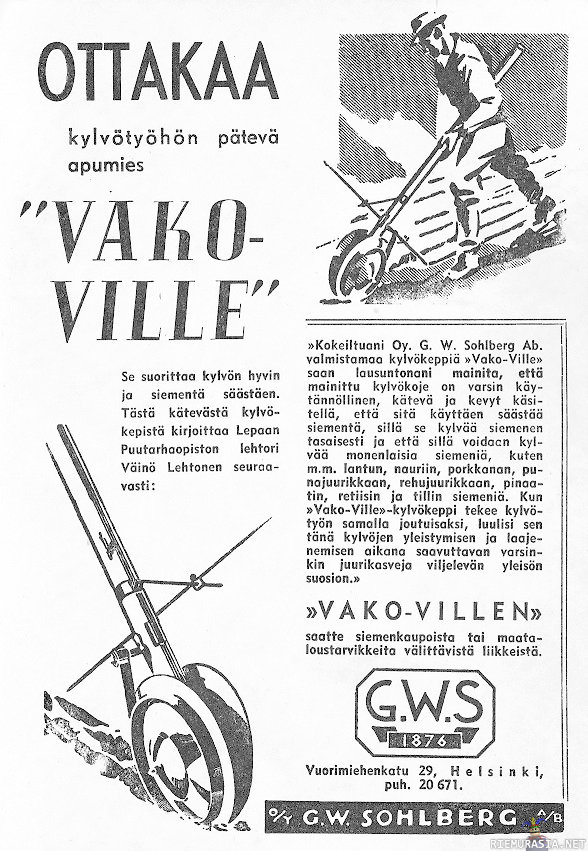 Vako-Villen kylvökeppi. - Vanha suomalainen lehtimainos Vako-Villestä.