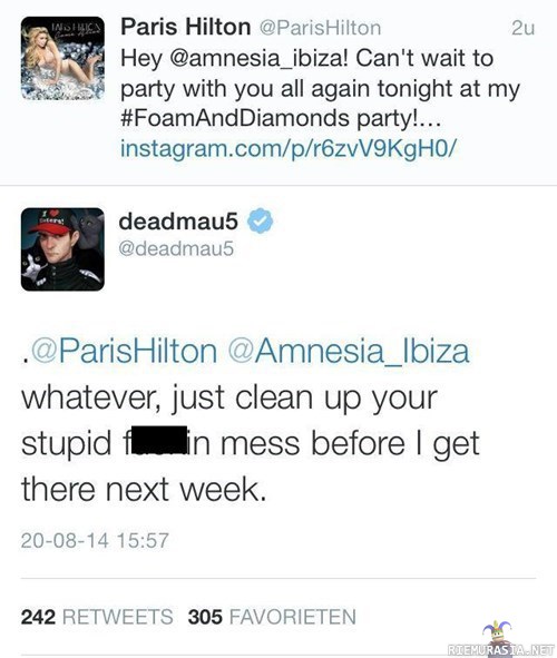 Paris Hilton & Deadmau5 - Paris Hilttonin vaahtobileet oli vain tekosyy kuurata paikka saippualla Deadmau5ia varten