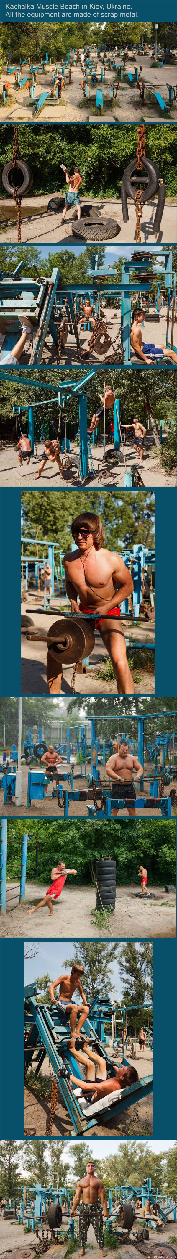 Romuraudasta valmistettu kuntosali Ukrainassa - Muscle beach -Kiev.