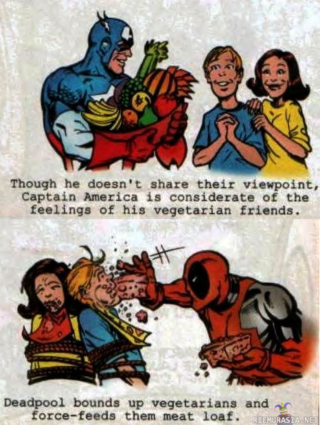 Kapteeni Amerikka ja Deadpool - erilainen suhtautuminen kasvissyöjiin