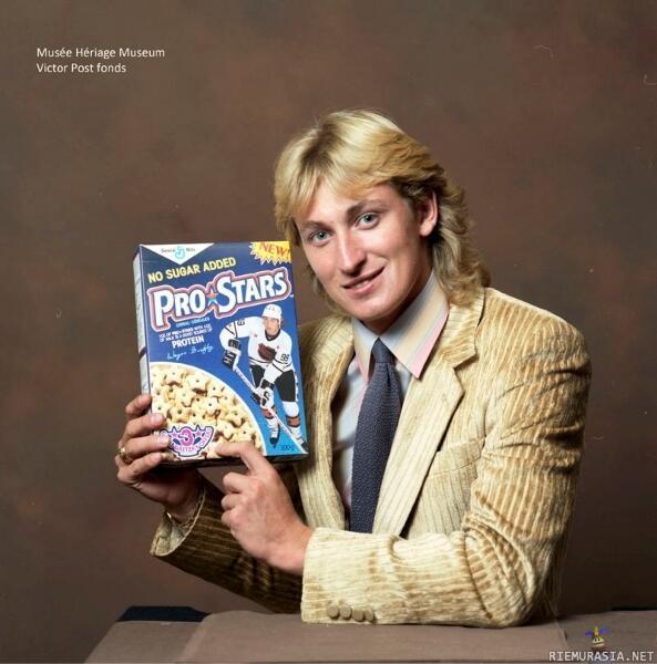 Wayne Gretzky mainostamassa muroja - Huomatkaa Waynen hieno kampaus sekä ajattoman tyylikäs vakosamettinen puku