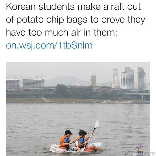 Tieteellinen tutkimustyö - Korealaiset opiskelijat rakensivat sipsipusseista lautan osoittaakseen että sipsipusseissa on liian paljon ilmaa.