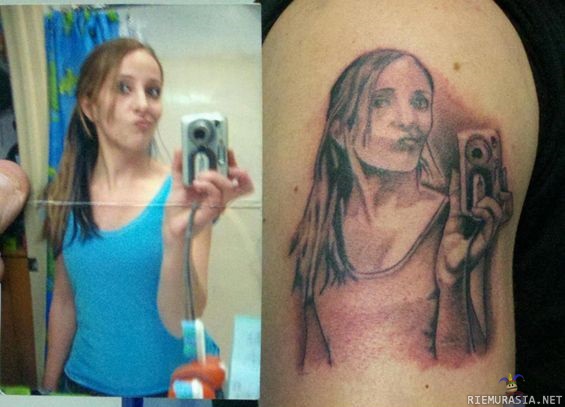 Selfie tatuointi - mysteeriksi jää se että onko tuo otettu omaan käteen vai ei?