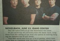 Paikallislehden kirjoitus Nickelbackin konsertista