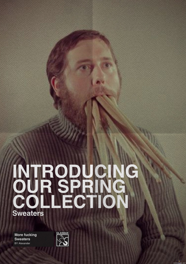 Kevätkokoelma - Kevään neulemalliston mainos, rumpupalikat mallin suussa liittyvät varmaankin tapaukseen?