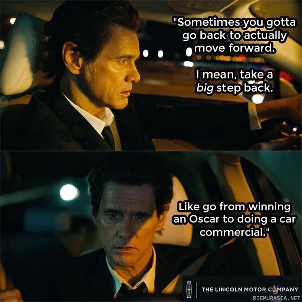Harppaus taaksepäin - Jim Carrey automainoksessa tekemässä pilaa Matthew McConaugheylle