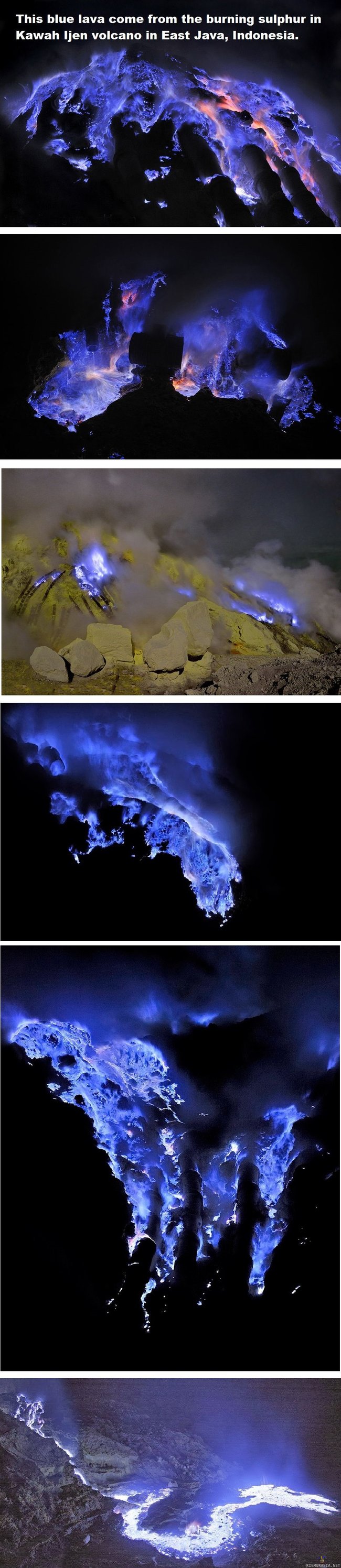Sinistä laavaa - Kawah Ijenin tulivuori itä-Jaavassa Indonesiassa sylkee sisuksistaan sinistä laavaa joka saa värinsä palavasta rikistä.