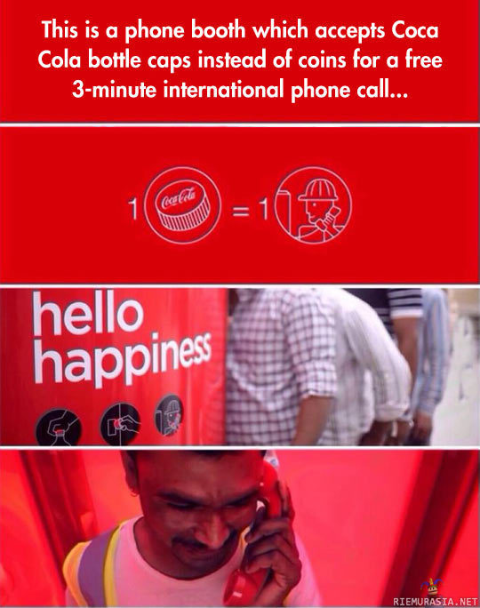 Puhelinkoppi - Maksuna käy Coca-cola pullojen korkit, yhdellä korkilla voi soittaa 3 minuutin kaukopuhelun.