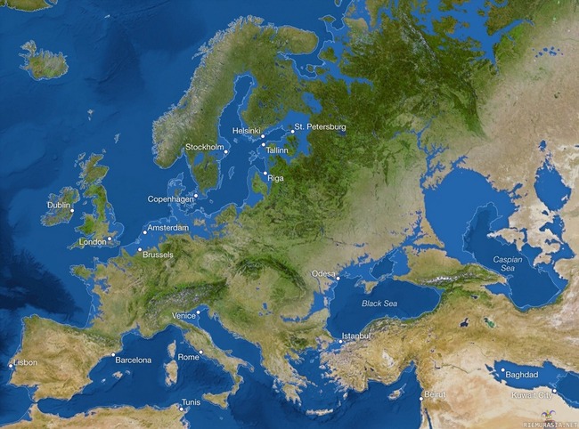 Miltä Eurooppa näyttäisi jos maapallon kaikki jäät sulaisivat - Muut maailmanosat: http://ngm.nationalgeographic.com/2013/09/rising-seas/if-ice-melted-map