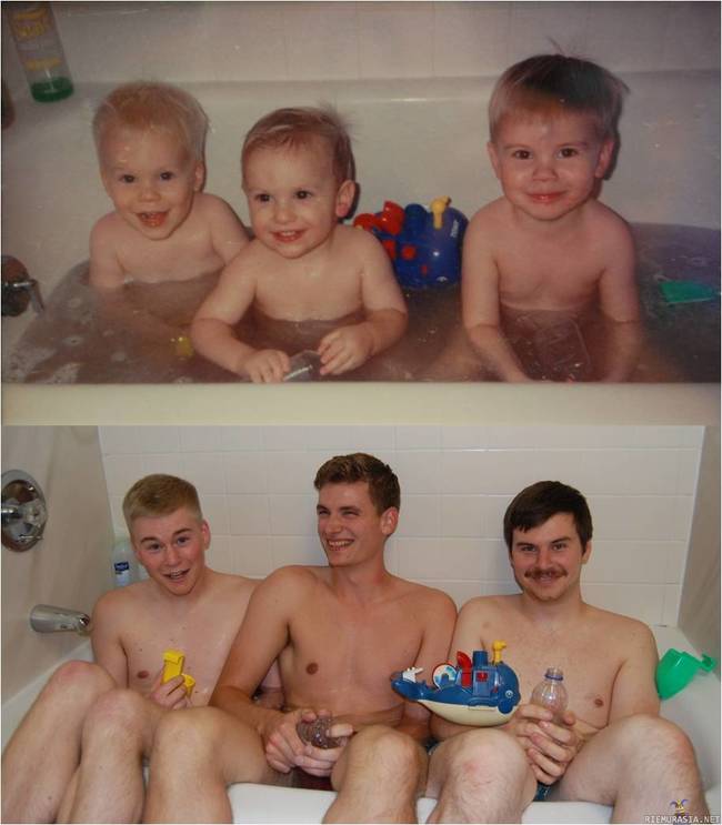 Pojat kylpyammeessa - 22-vuoden jälkeen samat henkilöt poseeraamassa kylpyammeessa keskenään, kyseessä on siis veljekset sekä serkkupoika