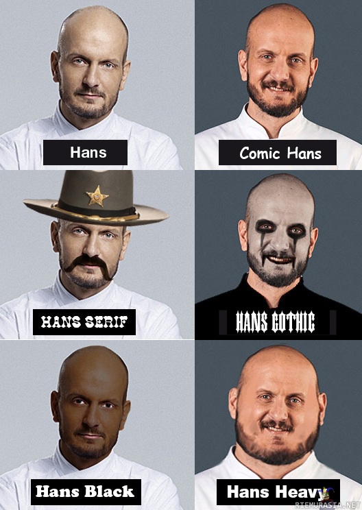 Comic Hans - Hans-fonttiperheen monet leikkaukset.