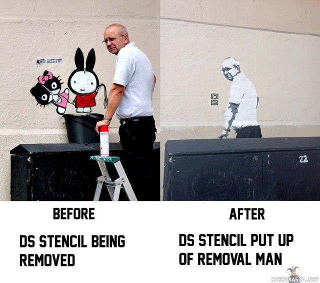 Graffitijäbä - Street artist DS recently added a couple of paste-ups to a wall in London. It didn?t take too long before a graffiti removal guy removed the paste-ups.  Shortly after that, DS was back with a paste up of the graffiti removal guy removing the graffiti.