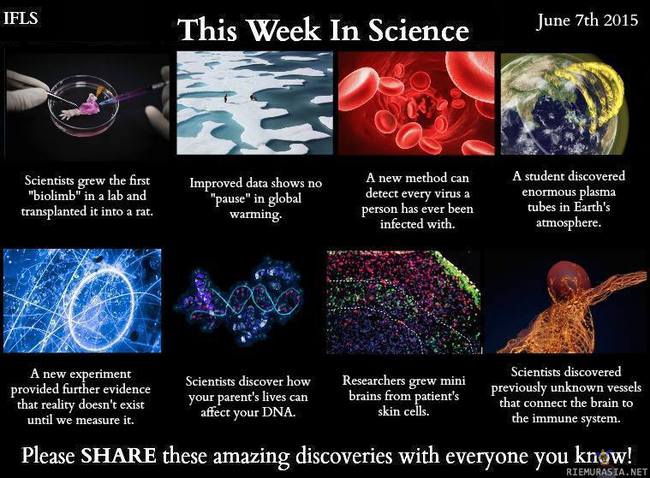 This week in science - Biolimb: bit.ly/1InE9In
Global warming: bit.ly/1AZhSkg
Virus test: bit.ly/1AUR2tT
Plasma tubes: bit.ly/1QCT2IR
Quantum mechanics: bit.ly/1JxigJI
DNA: bit.ly/1QCTl6j
Mini brains: bit.ly/1Kj7Dct
Vessels: bit.ly/1HUKAjt