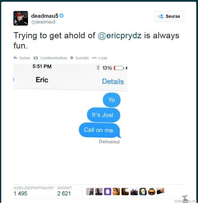 Soittopyyntö Eric Prydzille - Deadmau5 ottaa yhteyttä Eric Prydziin