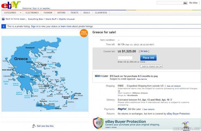 Kreikka myynnissä ebayssa - Halvalla lähtis, mutta mihin ne ihmiset sais sieltä?