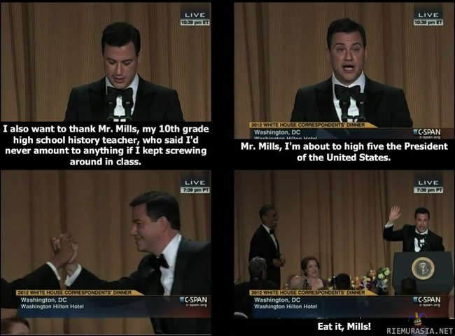 Jimmy Kimmel valkoisessa talossa - Sama videona http://youtu.be/DcqYFPRyyp8#t=25m36s 