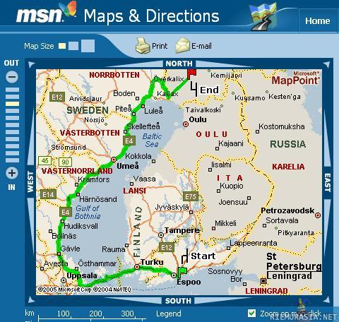 MSN Karttapalvelut - Ja löydät perille! - Tässä MSN -karttapalvelun ehdottamana nopein reitti välille Helsinki - Rovaniemi :D
