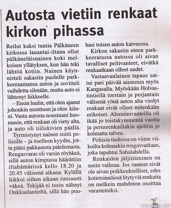 Autosta vietiin renkaat kirkon pihassa - Sydän-Hämeen Lehti 7.12.2007