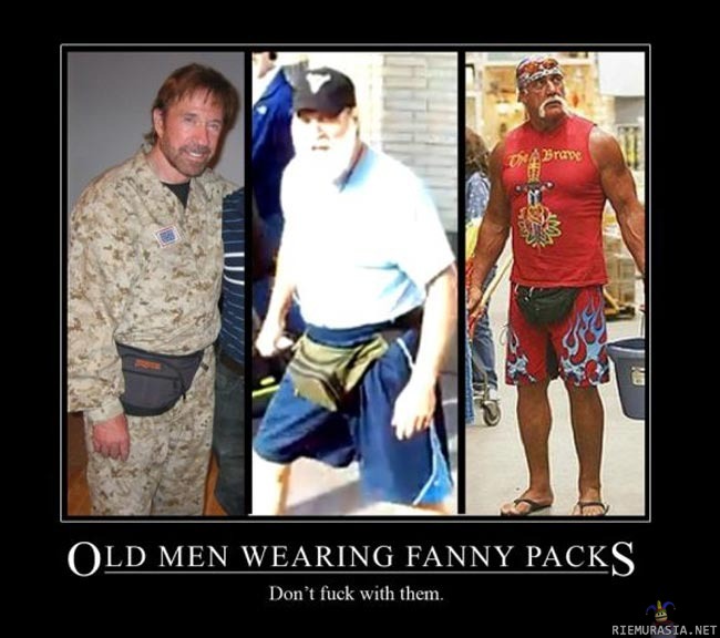 Old men wearing fanny packs