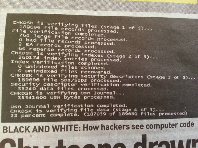 Chkdsk hakkerointia - Chkdsk tarkistaa tietokoneen kovalevyn virheiden varalta. Ohjelma on Windowsin oma, joka ei suinkaan vaadi hakkerointia.