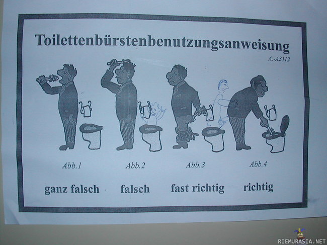 WC:n pyttyharjan käyttöohjeet - Tällaiset ohjeet löytyi erään saksalaisen verstaan wc:n seinältä.