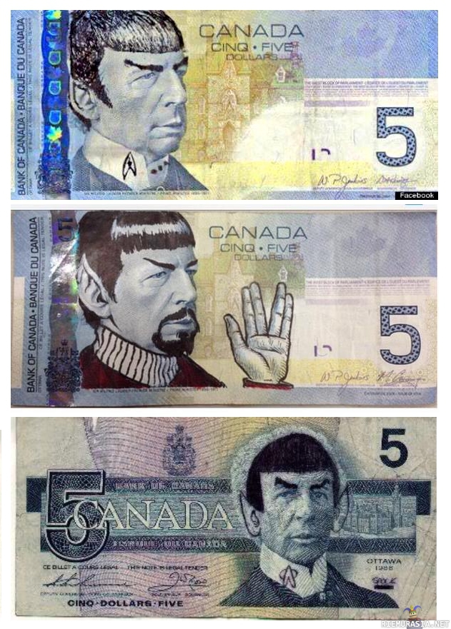 Spock Kanadan viiden dollarin setelissä - Setelin hahmo, entinen pääministeri, on tuunattu fanien toimesta Spockin näköiseksi.