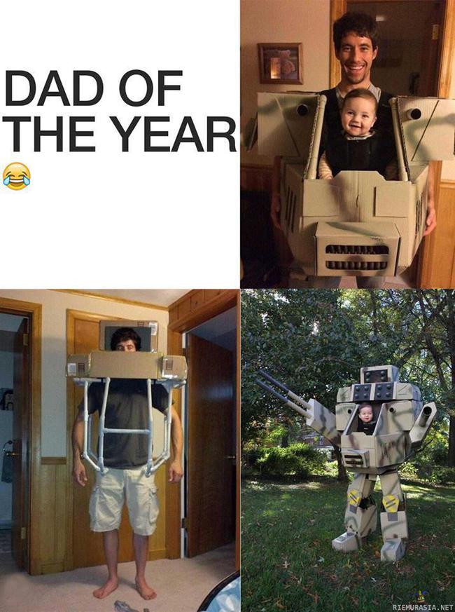 Vuoden isä -kandidaatti - Isä rakentanut robottipuvun, jossa voi kantaa lastaan.
