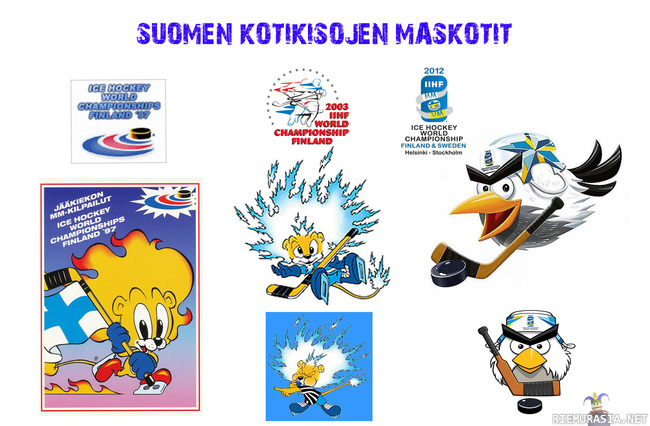 Suomen kotikisojen maskotit  - Suomen lätkä maskotit.Leijona, Finkey ja Hockeybird.-97 -03 -12