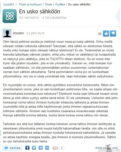 En usko sähköön! - Asiantuntija Suomi24-keskustelusivulla ei usko sähköön...
