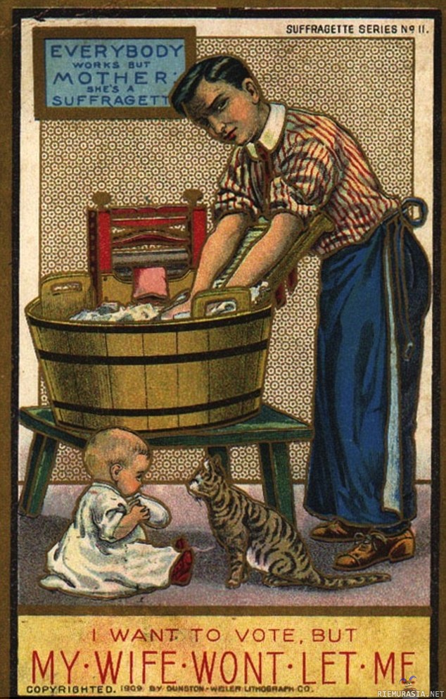 Vanha postikortti - 1900-luvun alkupuolelta peräisin olevassa postikortissa näytetään mitä tulee tapahtumaan, jos naisetkin saisivat äänestää vaaleissa.
