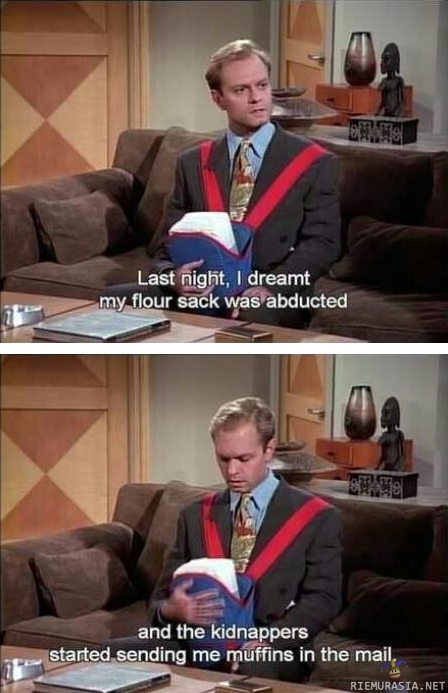 Niles Crane - Sarjasta Frasier S2E4. Niles harjoittelee vauvanhoitoa jauhosäkillä.