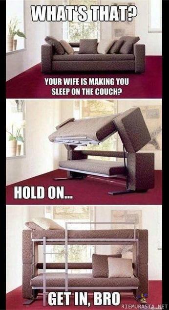 Kun vaimo pistää nukkumaan sohvalle - Sohva joka ei olekaan vuodesohva vaan kerrossänky
