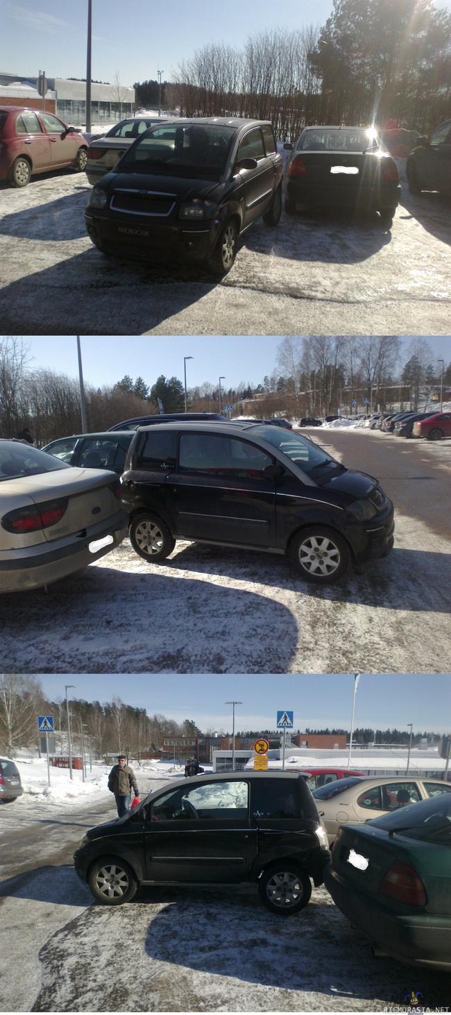 Näin nuoriso parkkeeraa mopoauton - Kuvista ei ehkä näy hirveän hyvin kuinka paljon tuo vei tilaa.