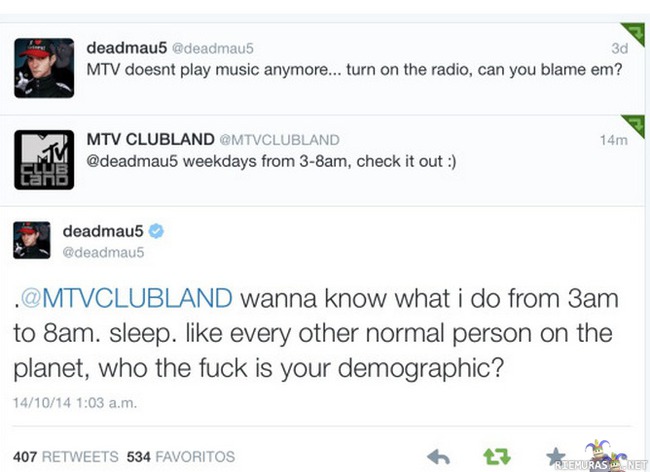 Deadmau5 - Servaa &quot;Music&quot; televisionin twitterissä