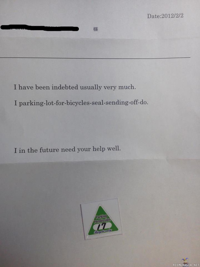 Kirje yodalta - sain taannoin isännöitsijältä kirjeitse polkupyrän parkkeerausluvan, ja saatekirjekin oli varsin selkeä