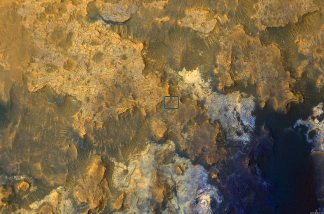 Mars - Curiosity rover spotted by Mars Reconnaissance Orbiter on April 8, 2015 on the lower slope of Mount Sharp.