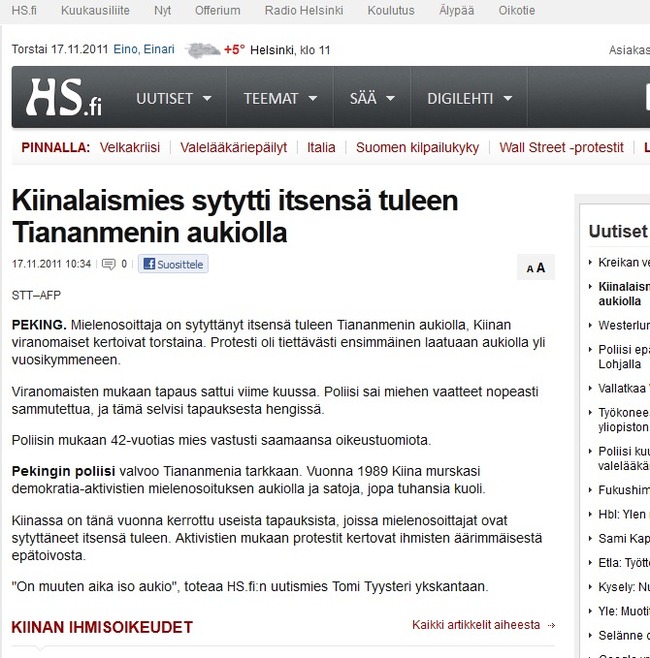 Uutismiehen lausunto - Uutismies Tomi Tyysterin syväluotaava analyysi kiinalaismiehen protestista. 